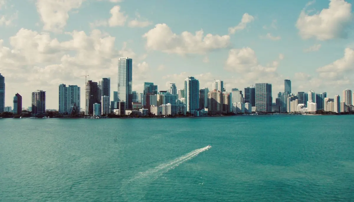 An aerial shot of a coastal city