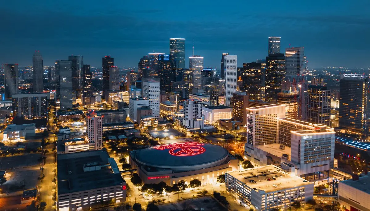 Aerial view of downtown houston texas at night