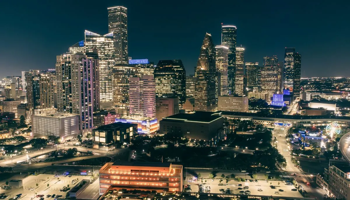 Night cityscape with illuminated skyscrapers
