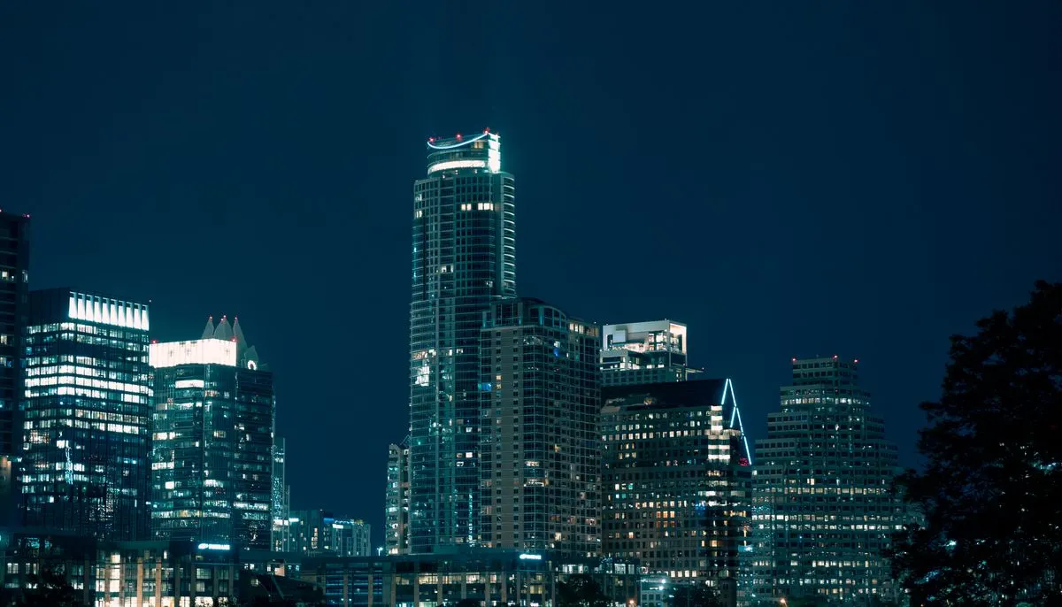 Illuminated downtown skyscrapers at night