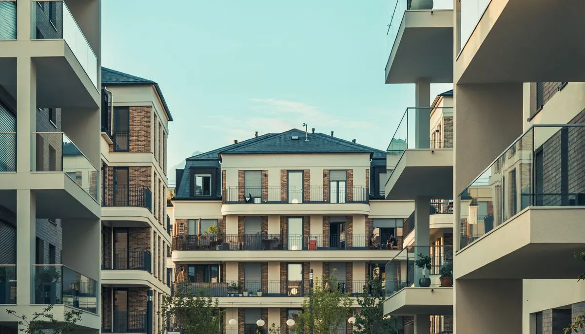 A walkway in front of two apartment buildings