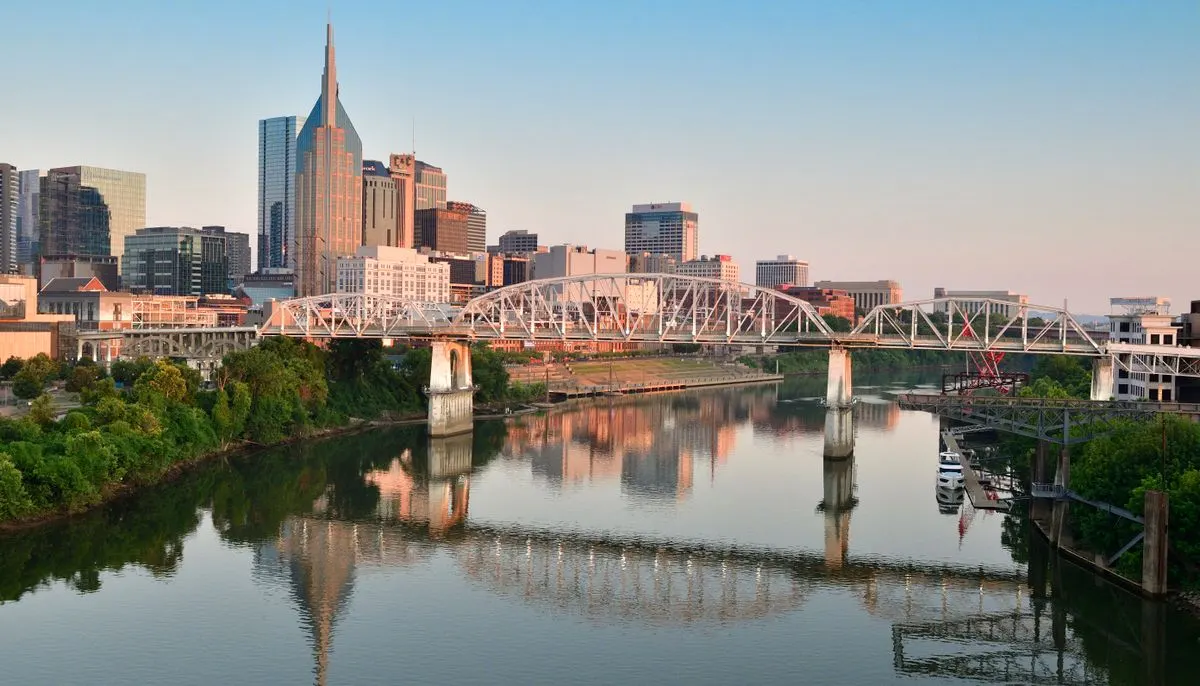 Nashville skyline with pedestrian bridge at sunrise