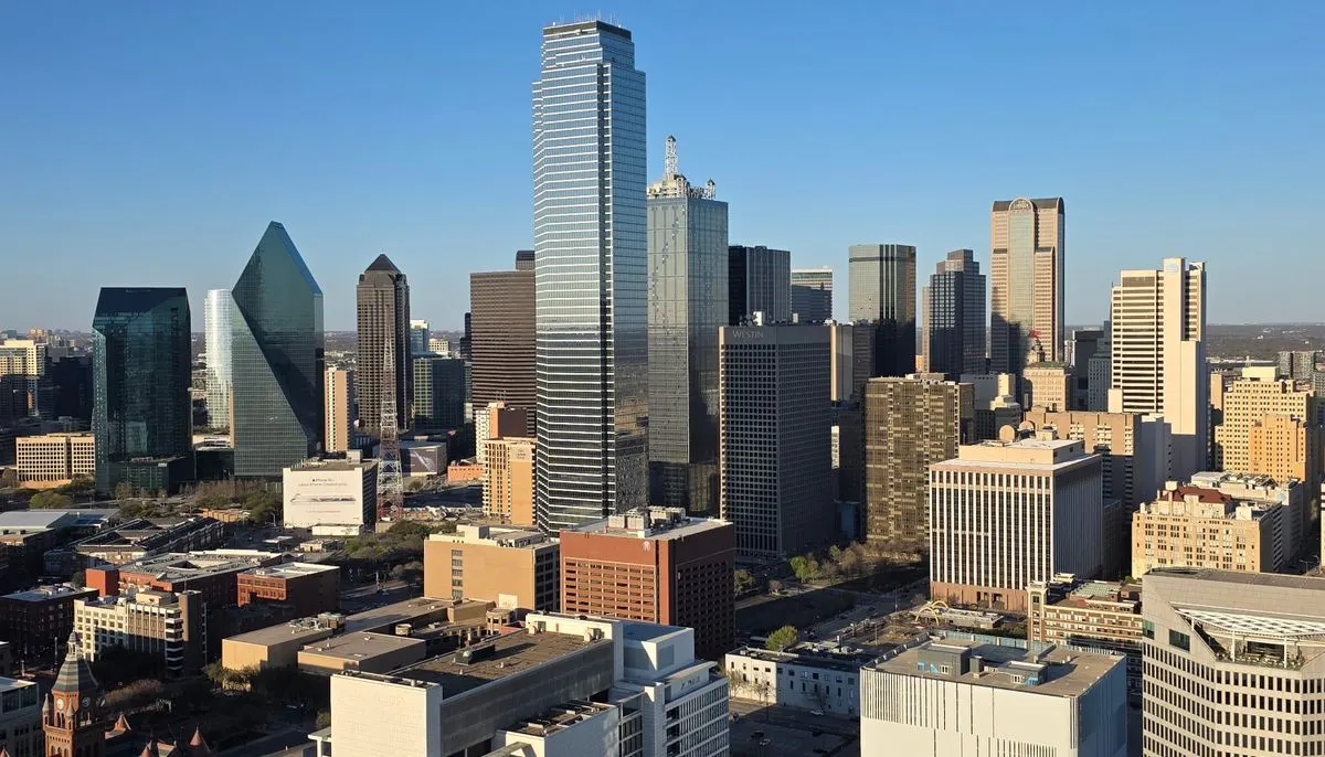 Dallas skyline with iconic buildings under clear blue sky