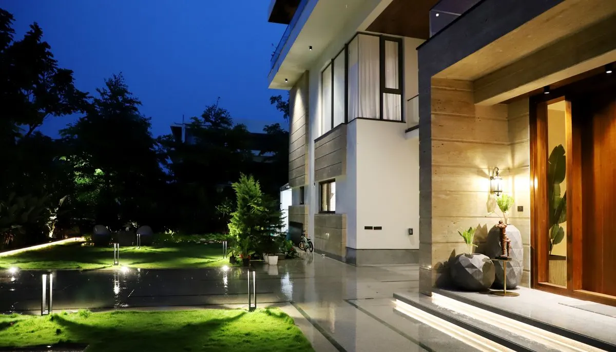 Modern luxurious home exterior at night