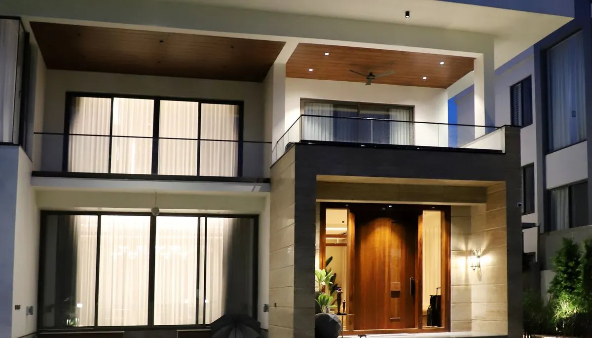 Modern luxury house at night with lights