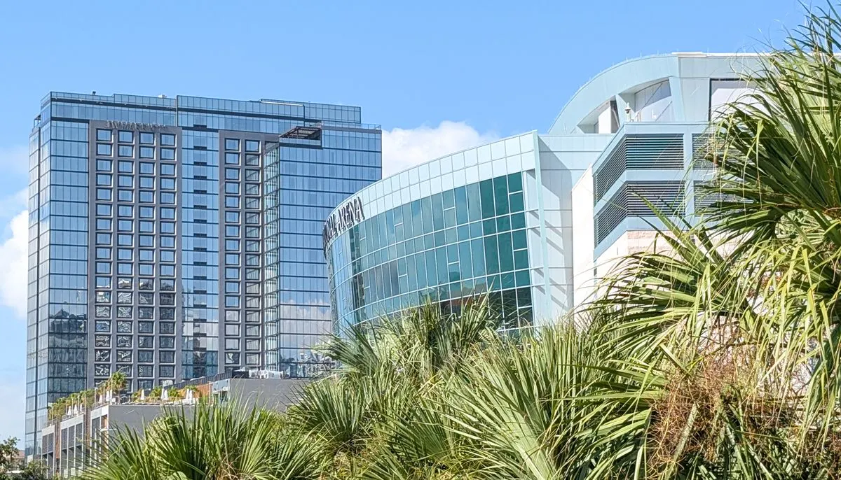Modern office buildings amidst palm trees in tampa