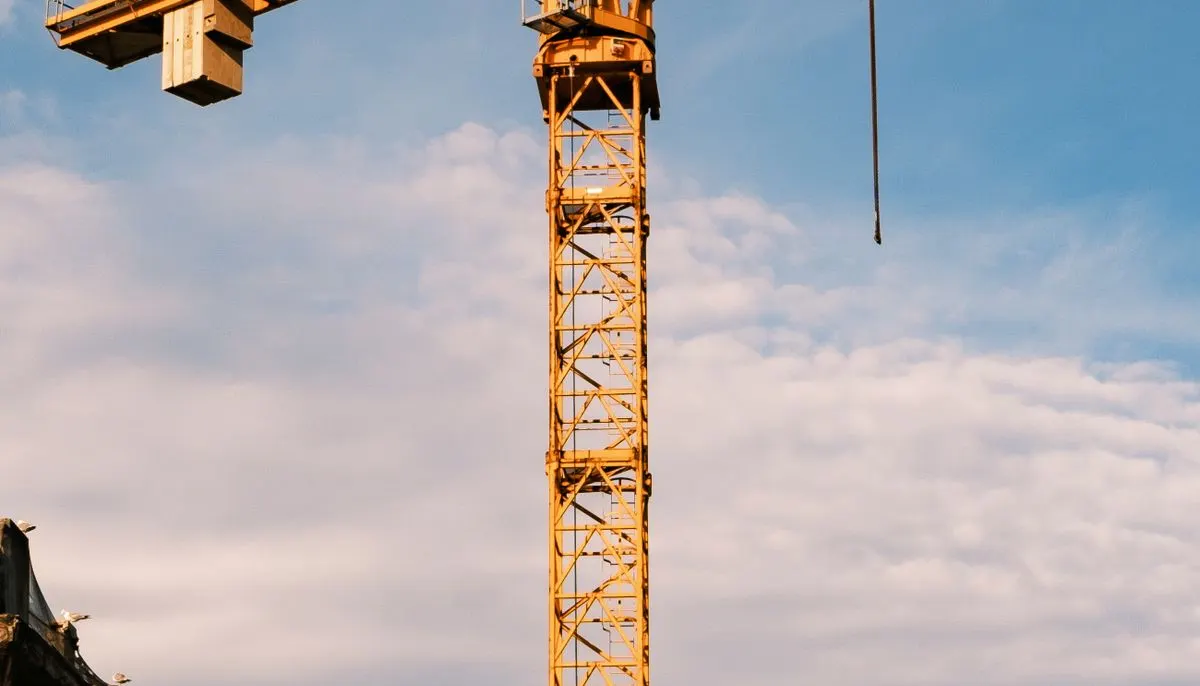 Yellow tower crane against blue sky