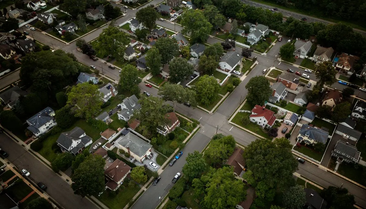 Aerial view of suburban neighborhood in summer