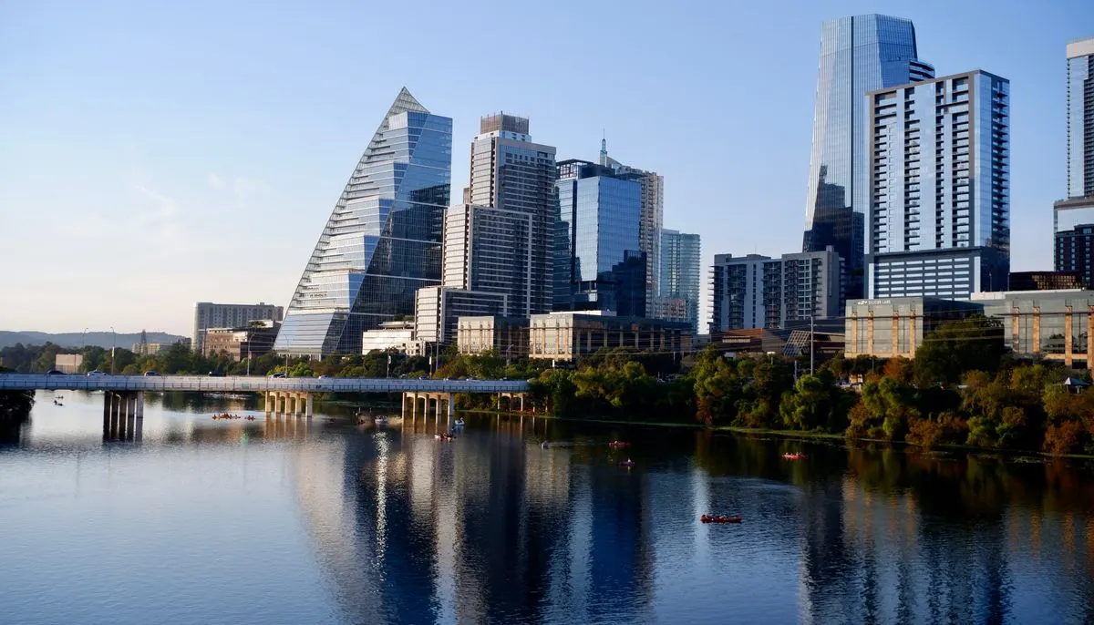 Austin city skyline reflected on lady bird lake