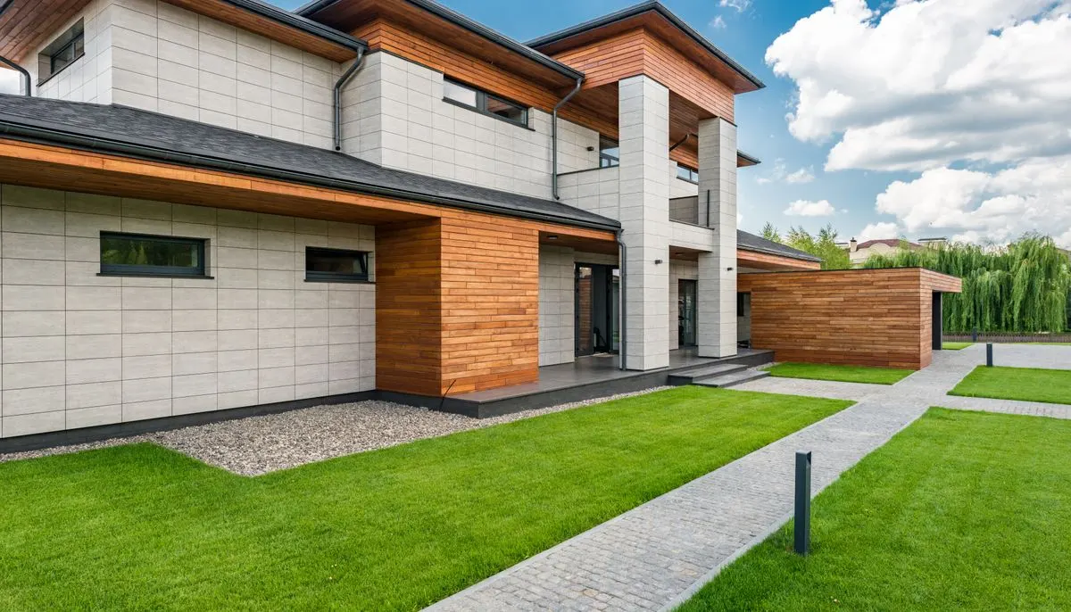 Courtyard of modern villa in sunny day