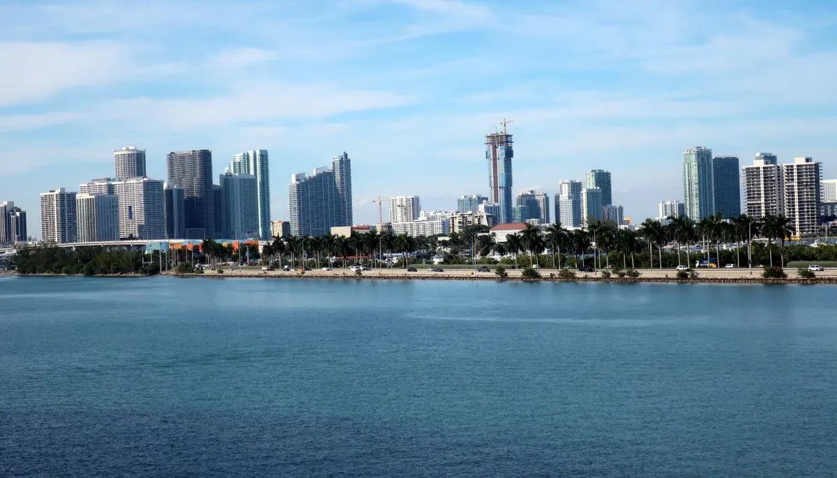 Skyline of city seen from bay