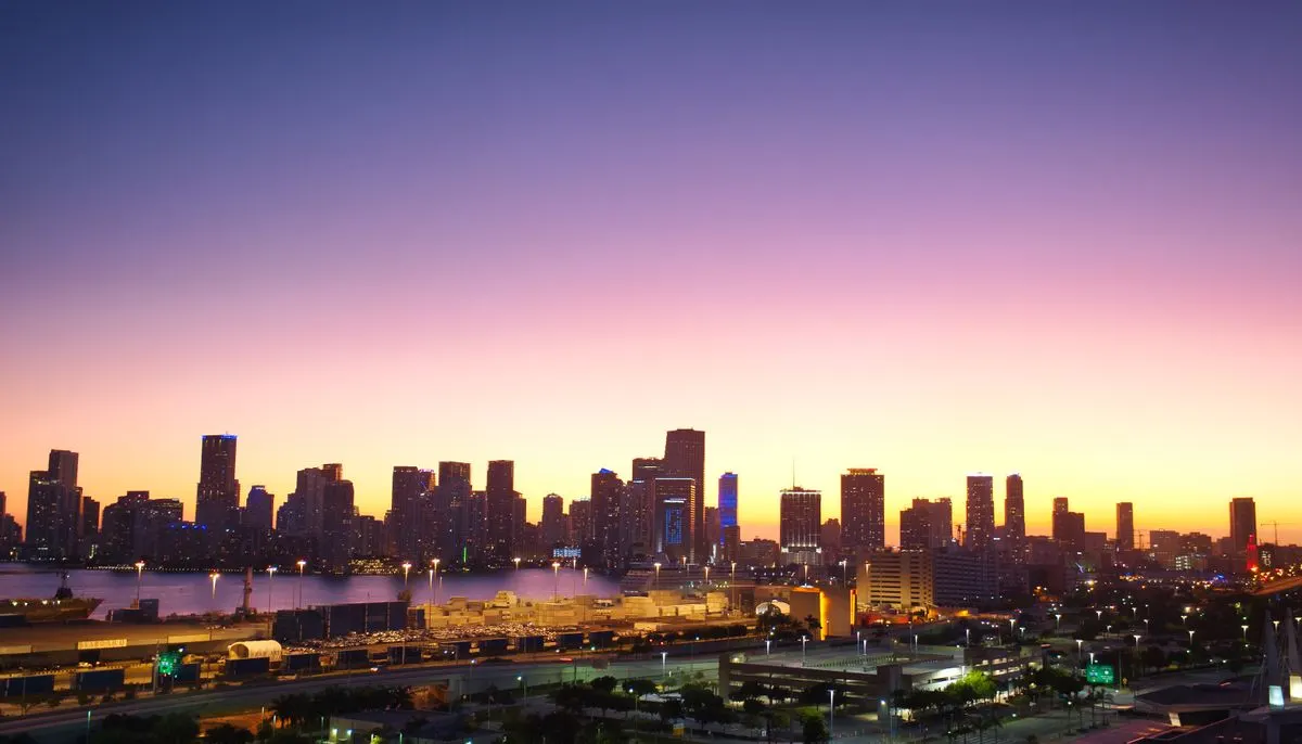 Aerial view of a city during sunset