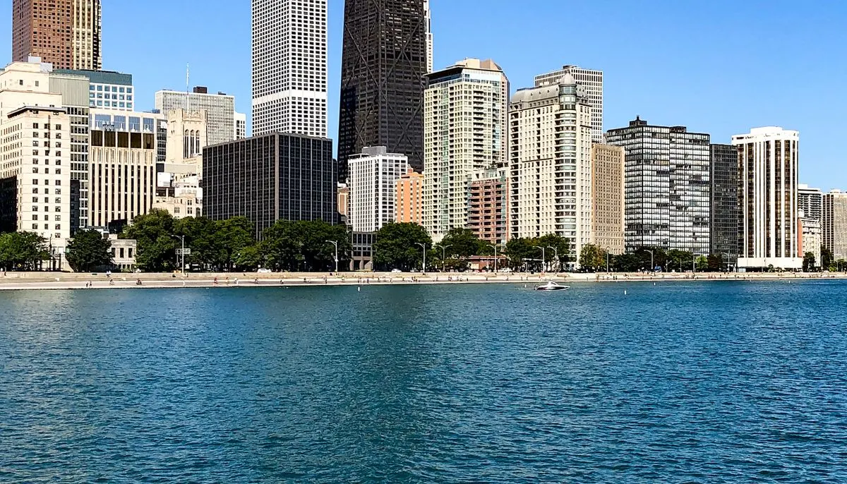 The chicago skyline view from across chicago river